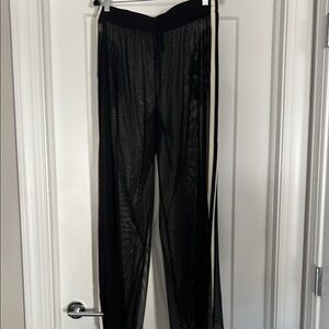 Black Sheer Mesh Wide-Leg Pants with White Side Stripe